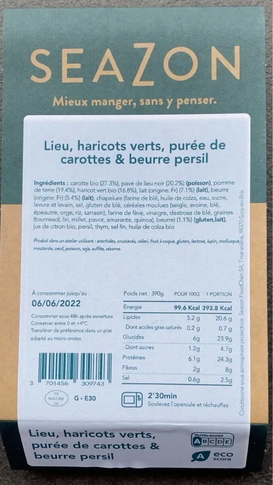 Lieu, haricots verts, purée de carottes & beurre persil