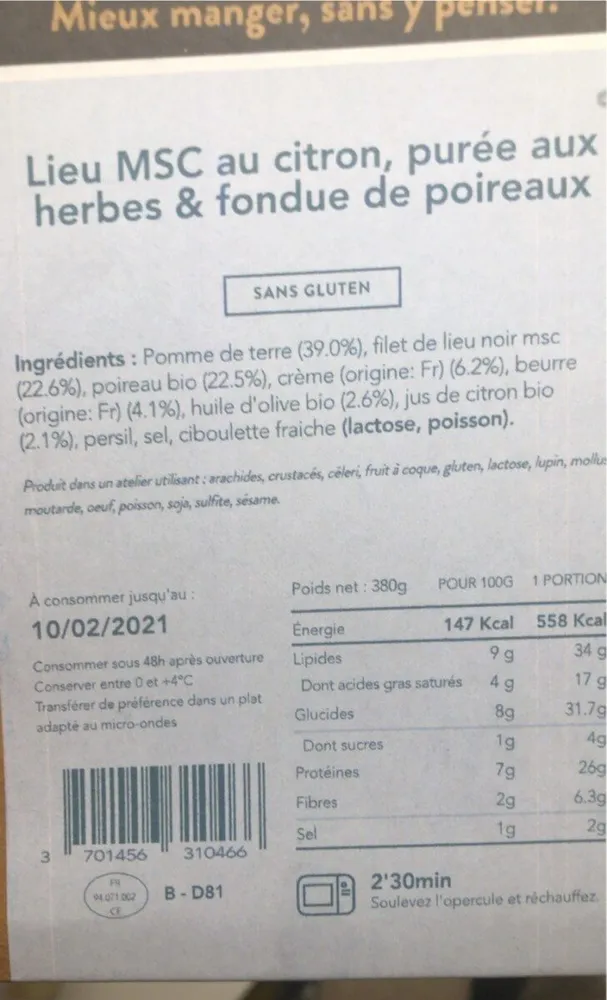 Lieu Mcs au citron puree aix herbes et fondue de poireaux