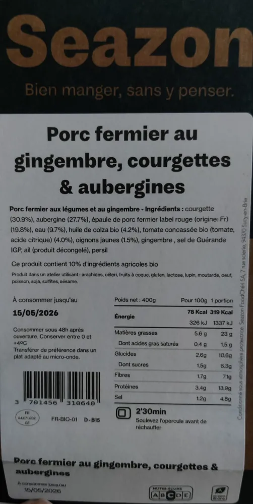 Porc fermier au gingembre, courgettes & aubergines