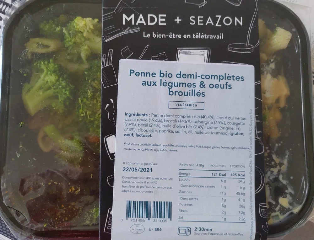 Penne bio demi-complètes aux légumes & oeufs brouillés
