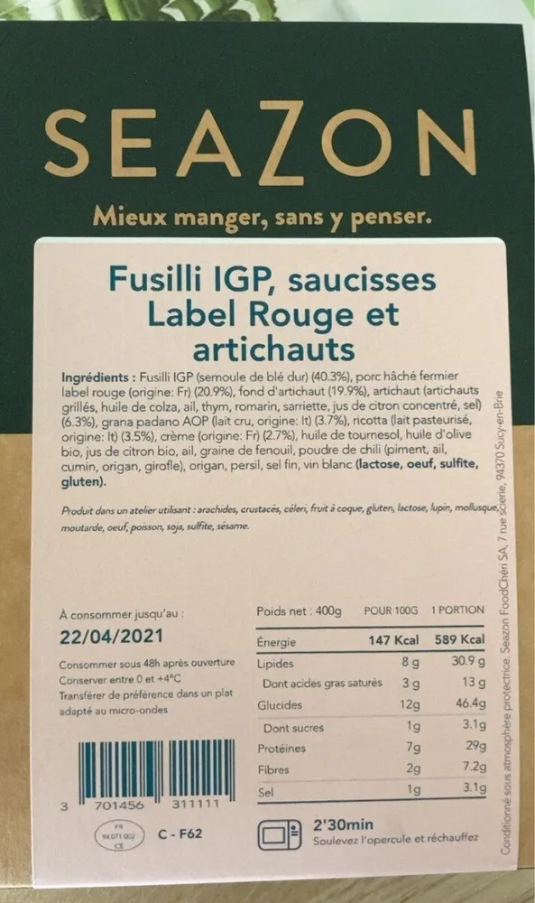 Fusilli IGP, saucisses Label Rouge et artichauts