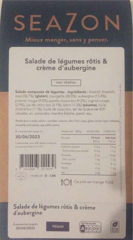 Salade de legumes rotis et creme d’aubergine