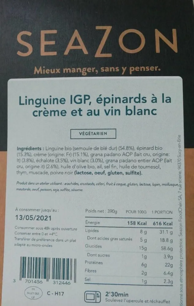 Linguine IGP, épinards à la crème et au vin blanc