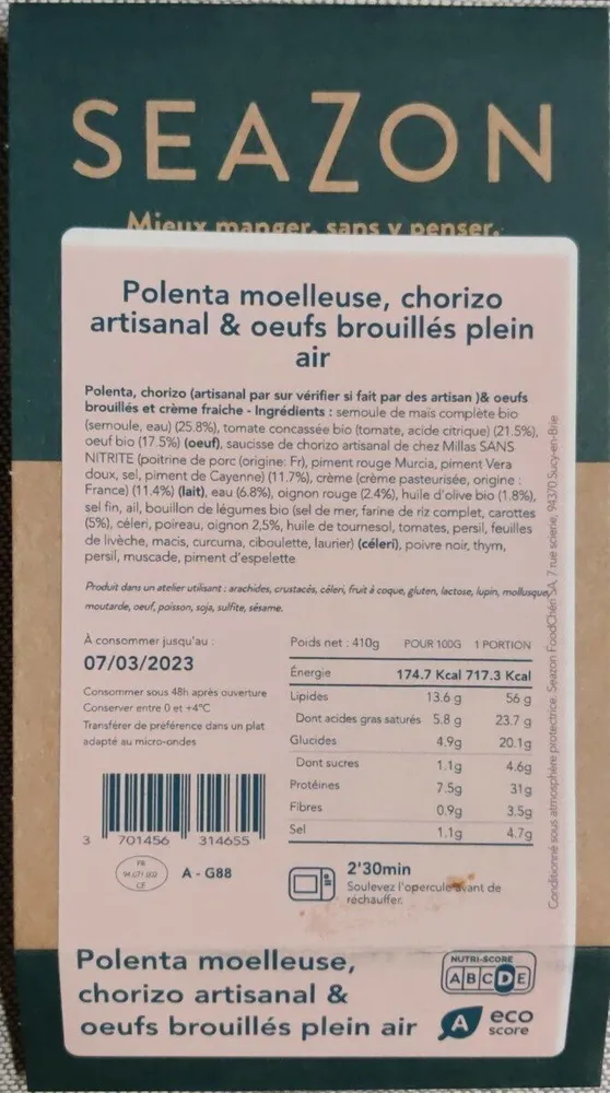 Polenta moelleuse, chorizo artisanal & oeufs brouillés plein air