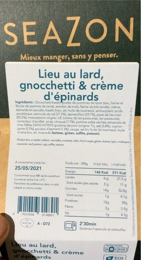 Lieu au lard, gnocchetti & crème d’epinards