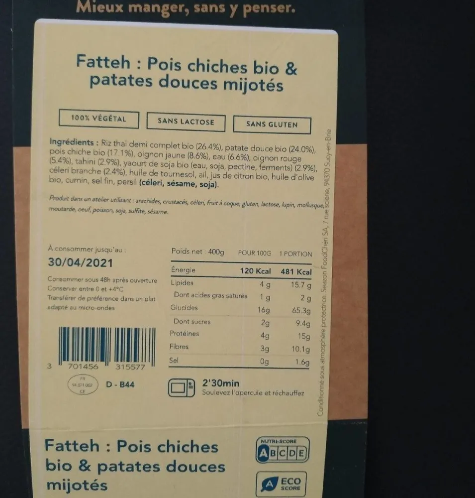 Fatteh: pois chiches bio & patates douces mijotés