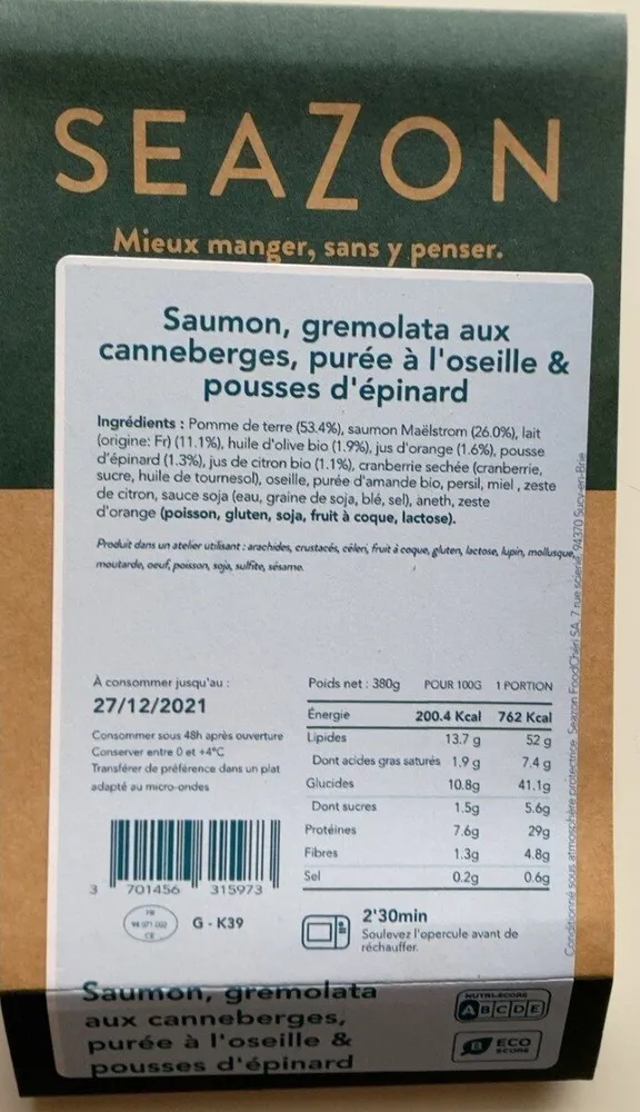 Saumon, gremolata aux canneberges purée à oseille