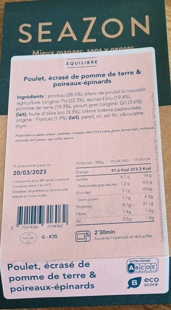 Poulet, écrasé de pomme de terre & poireaux-épinards