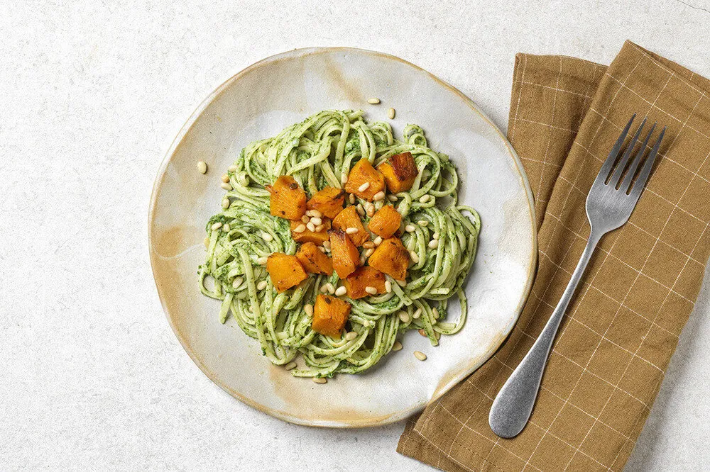 Crème d'épinards au bleu, butternut bio rôtie & sp