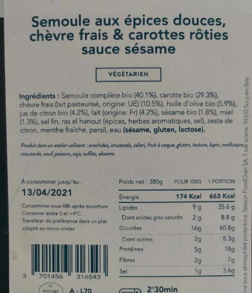 Semoule aux épices douces, chèvre frais & carottes