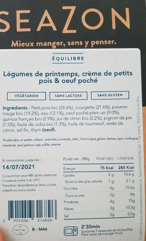 Légumes de printemps,  crème de petits pois et oeuf poché