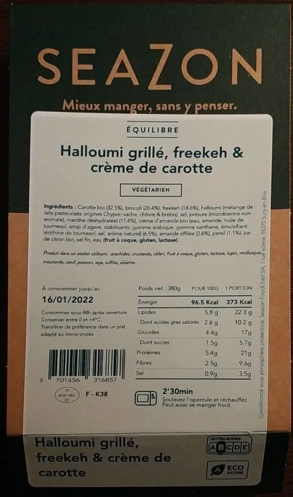 Halloumi grillé freekeh et crème de carotte