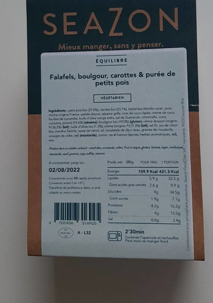 Falafels boulgour carottes et purée de petits pois