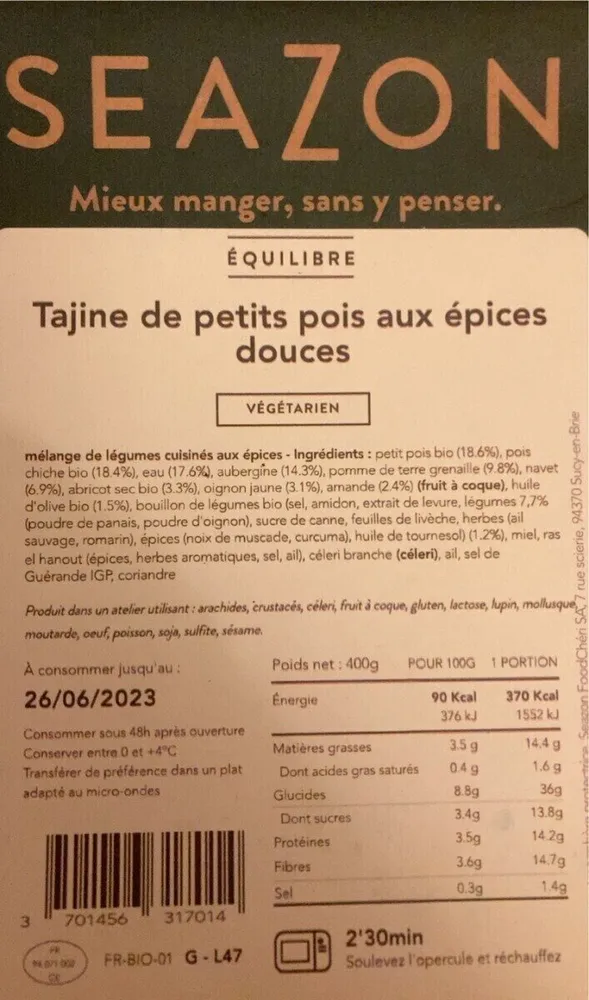 Tajine de petits pois aux épices douces