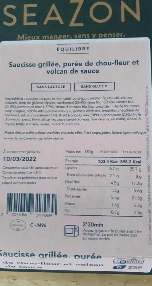 Saucisse grillée purée chou-fleur