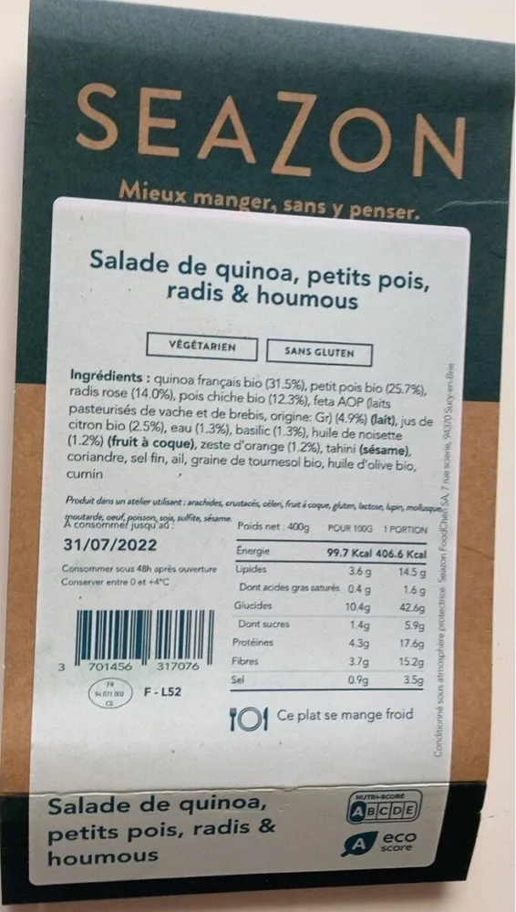 Salade de quinoa, petit pois. Radis rose & houmous