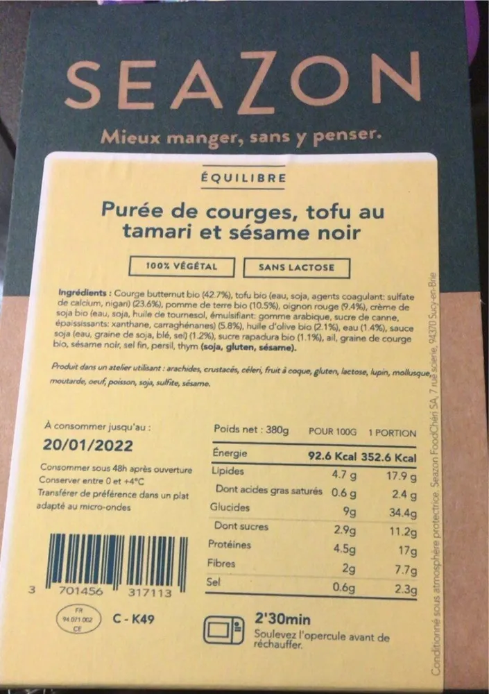Puree de courges tofu au tamari et sesame noir