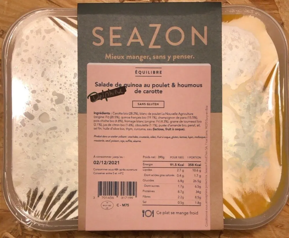 Salade de quinoa au poulet et houmous de carotte