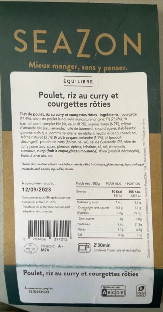 Poulet riz au curry et courgettes roties