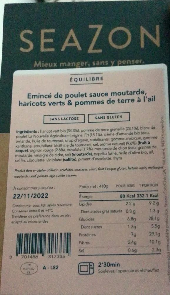 Emincés de poulet sauce moutarde, haricots verts & pommes de terre à l'ail