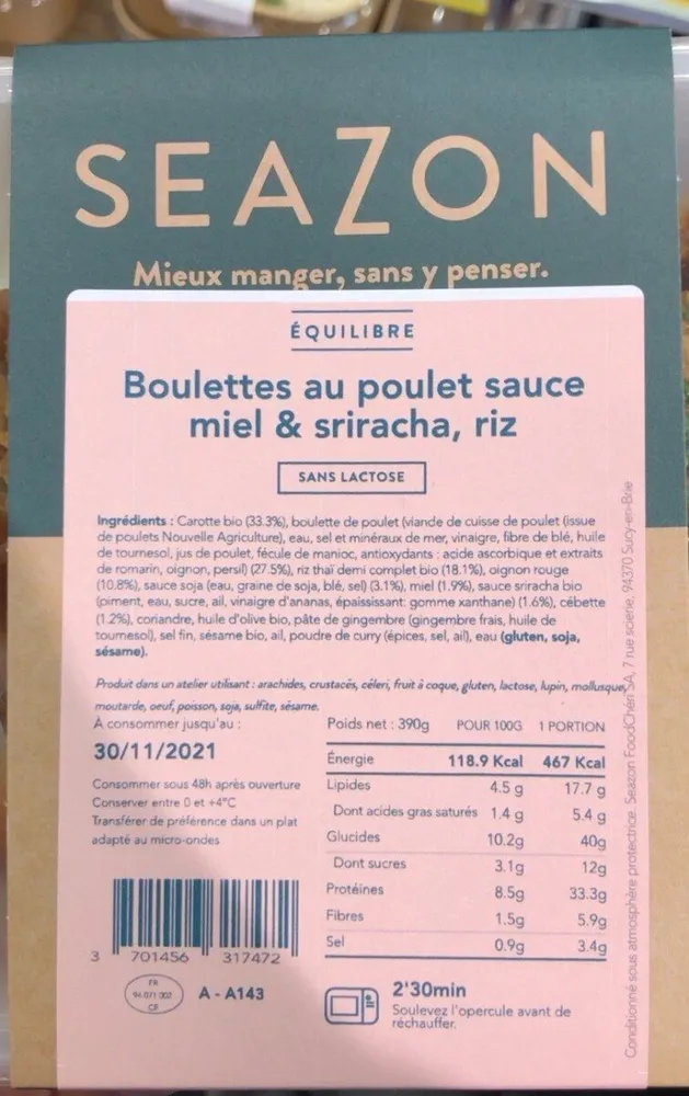 Boulettes au poulet sauce miel sriracha, riz