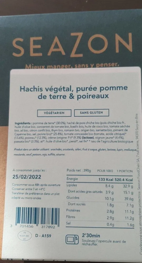 Hachis végétal purée pomme de terre