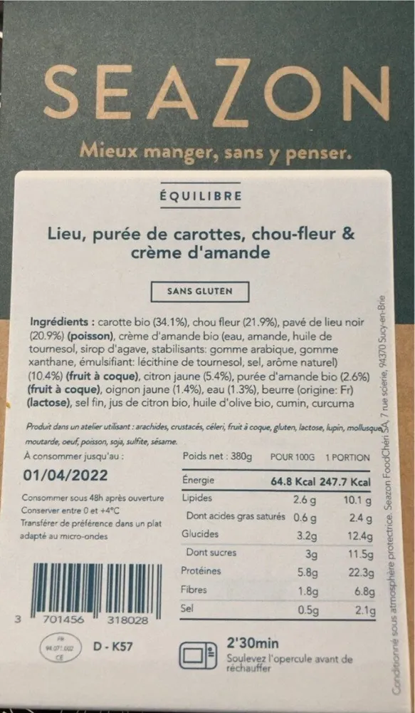 Lieu purée de carottes chou-fleur & crème d’amande