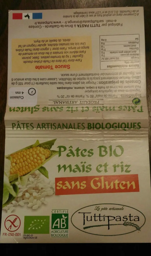 Pâtes BIO maïs et riz sans Gluten