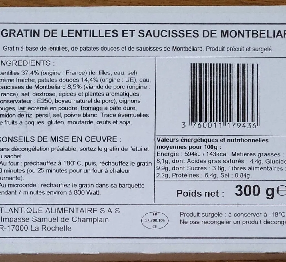Gratin de lentilles et saucisse de Montbéliard