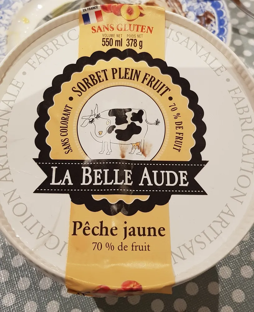 Sorbet à la pêche jaune 70% de fruit LA BELLE AUDE, pot de