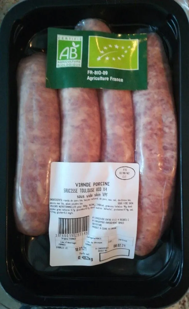 Saucisse toulouse bio x4 sous vide skin vpf