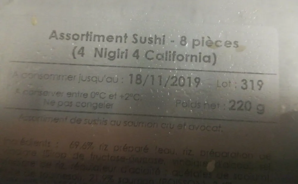 Assortiment sushi 8 pièces 4 Nigiri 4 California