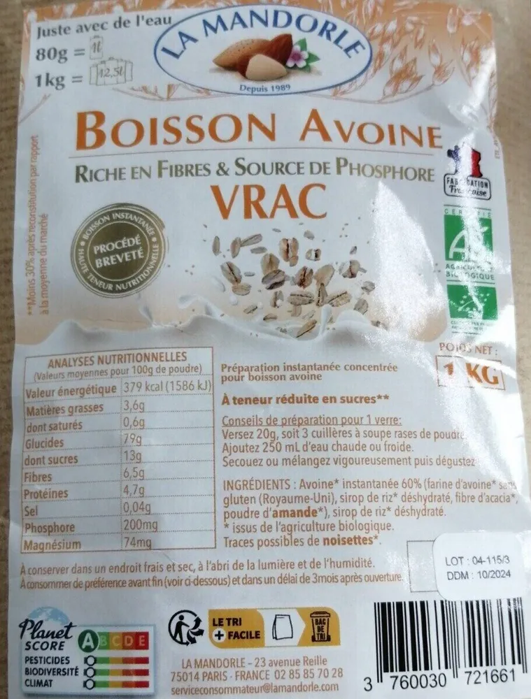 Boisson instantanée avoine