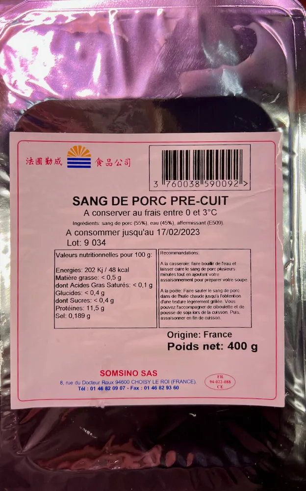 Sang de porc pré-cuit