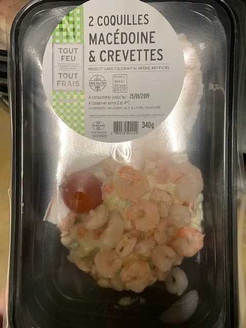 2 coquilles macédoine et crevettes