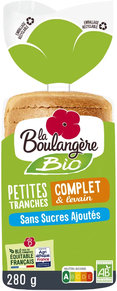Pain de mie Bio petites tranches complet & levain sans sucres ajoutés 280g