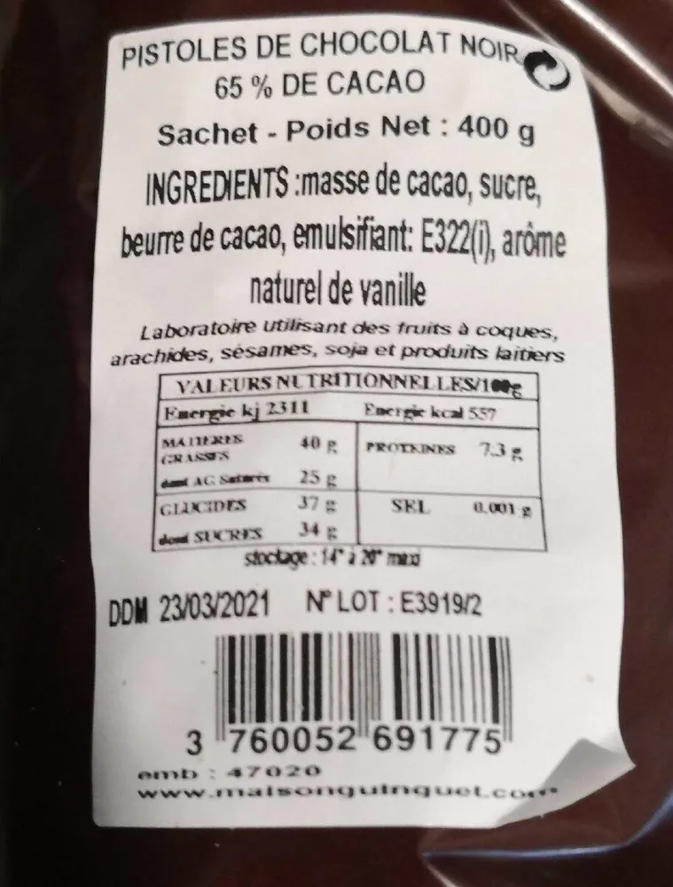 Pistoles de chocolat noir