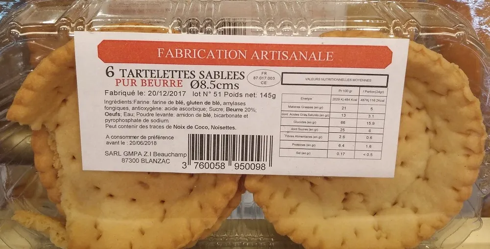 6 Tartelettes Sablées Pur Beurre Ø 8,5 cm