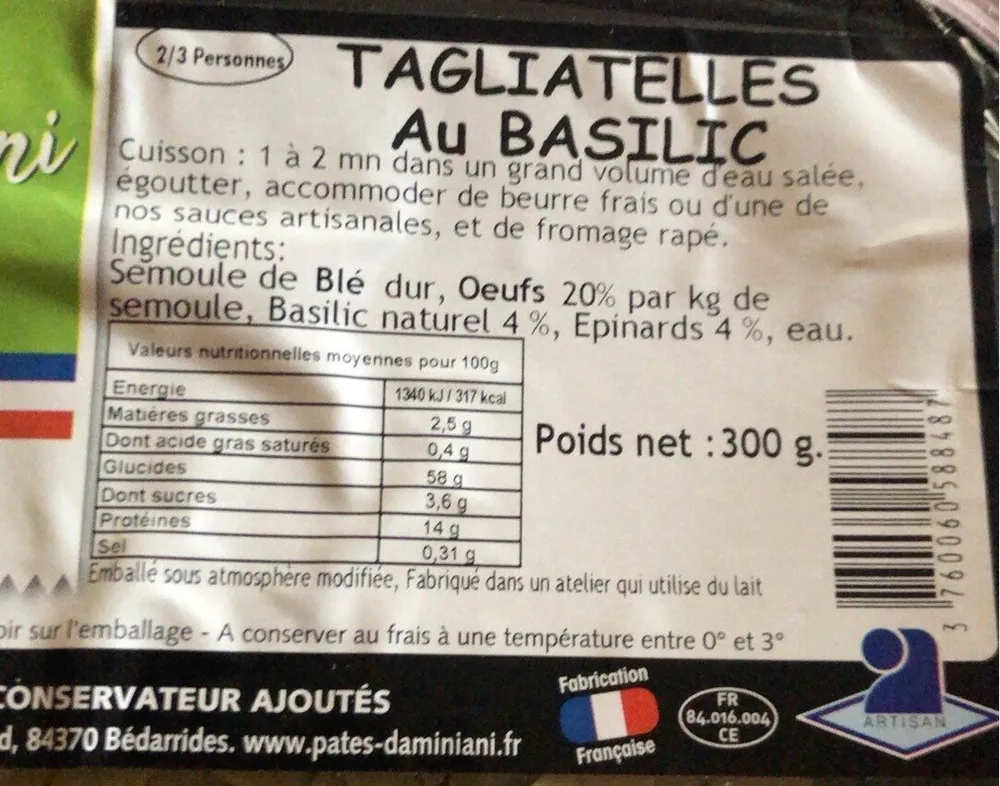 Tagliatelles Au basilic  pates daminiani