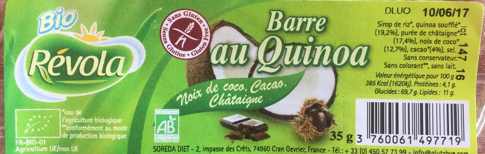 Barre au quinoa, noix de coco, cacao, châtaigne