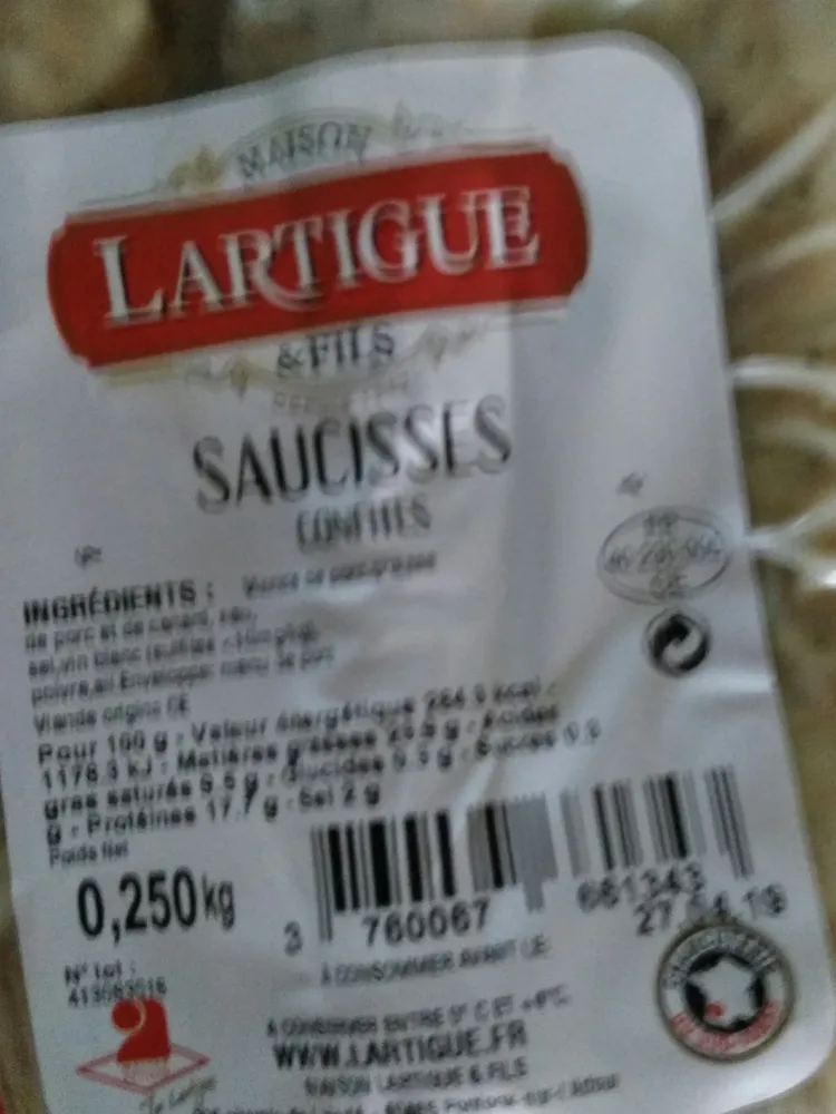 Lartigue & Fils, Saucisses confites, le paquet de 3
