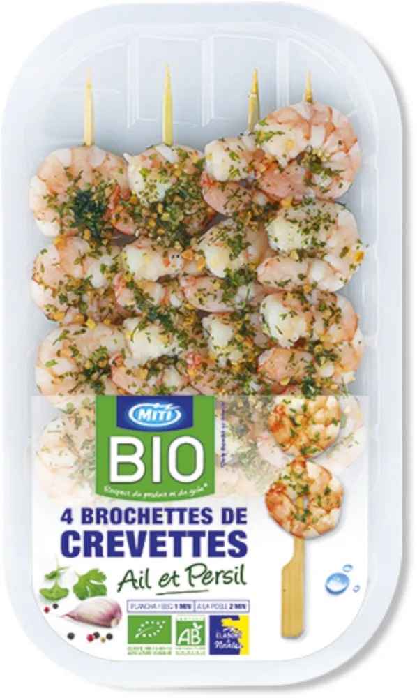 4 brochettes de crevettes BIO ail & persil - 140g - Frais