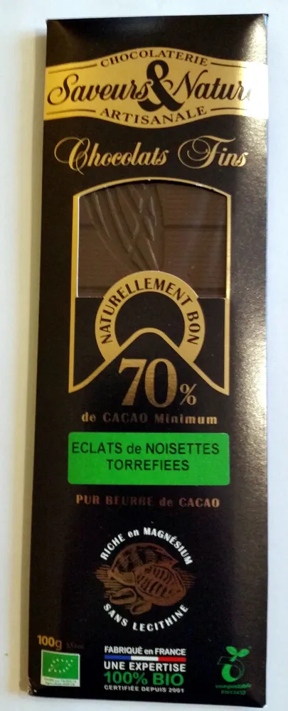 Chocolats fins 70% cacao - Eclats de noisettes torréfiées