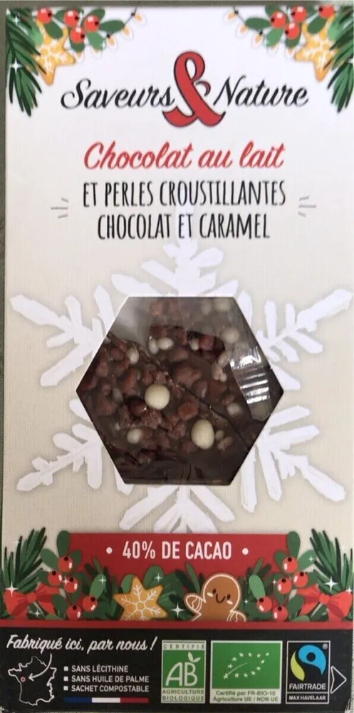 Chocolat au lait et perles croustillantes chocolat et caramel