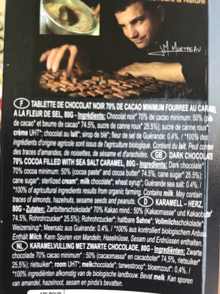 Tablette de chocolat noir fourrée au caramel à la fleur de sel