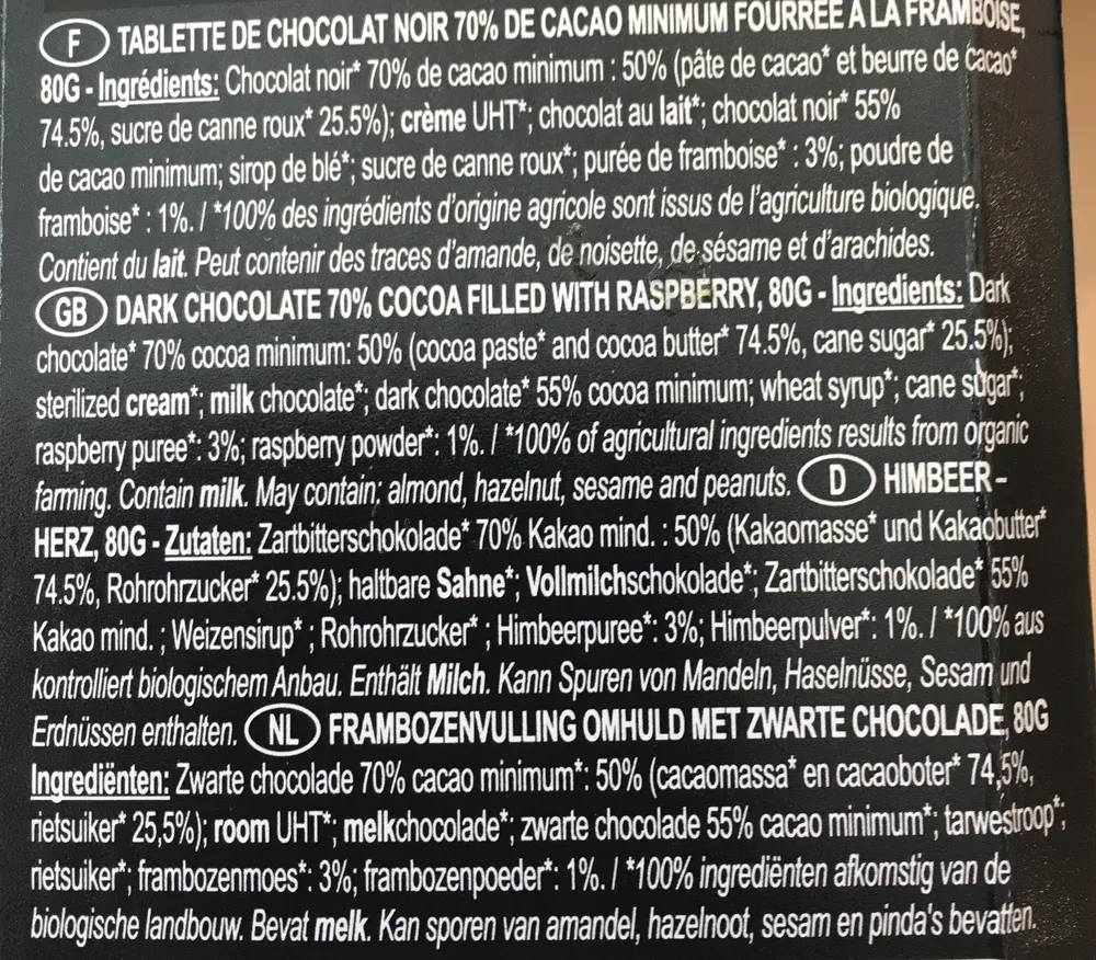Chocolat Noir 70% Fourre Framboise