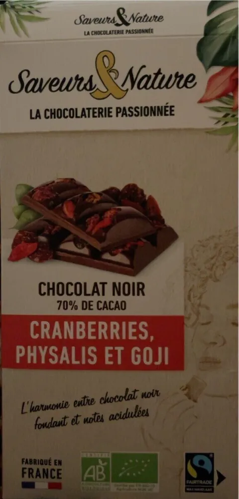 Chocolat noir cranberries physalis et goji