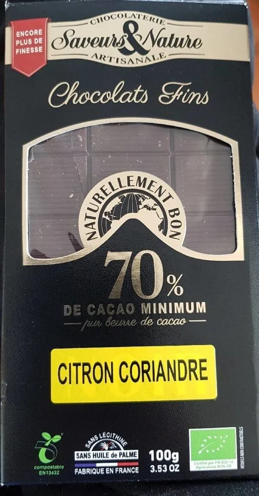 Chocolat Noir Au Citron Et Coriandre (100 GR)