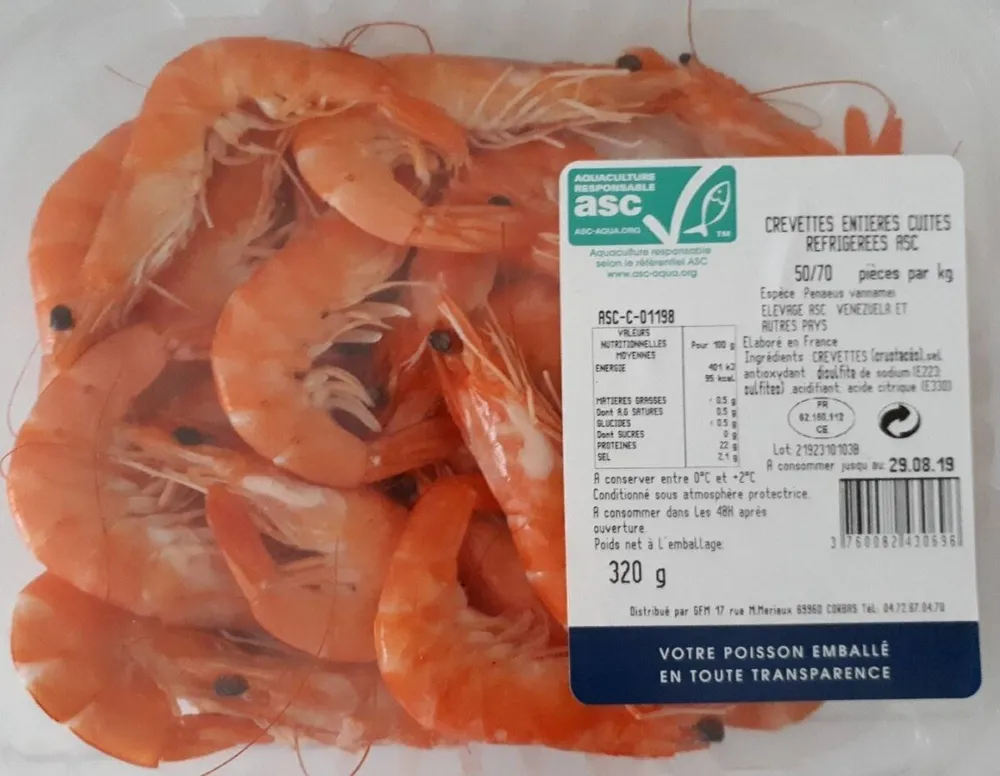 Crevettes entières cuites réfrigérées ASC