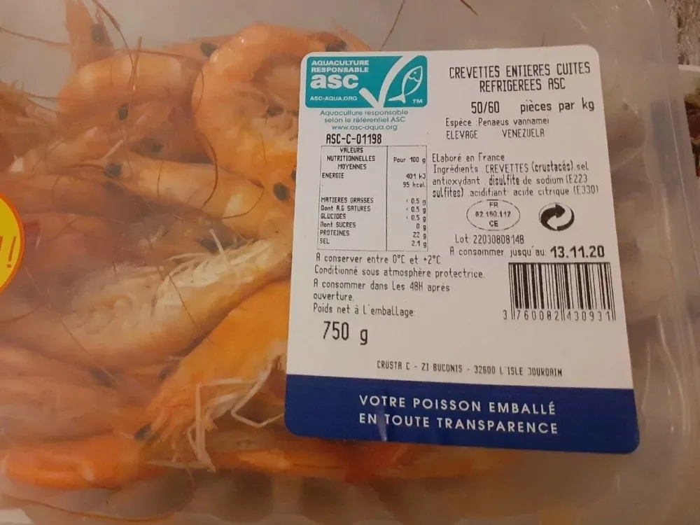 Crevettes entières cuites réfrigérés asc